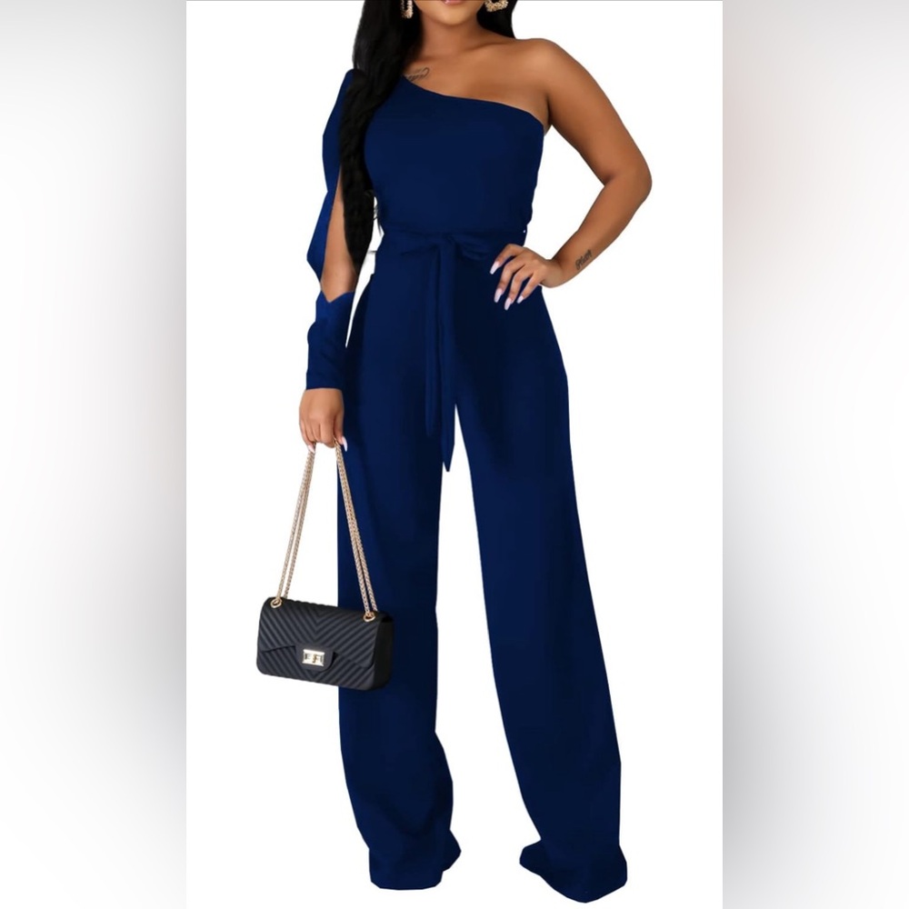Jumpsuits Elegant  Sexy VNeck Casual Long Wide Leg belted Pants with Pockets